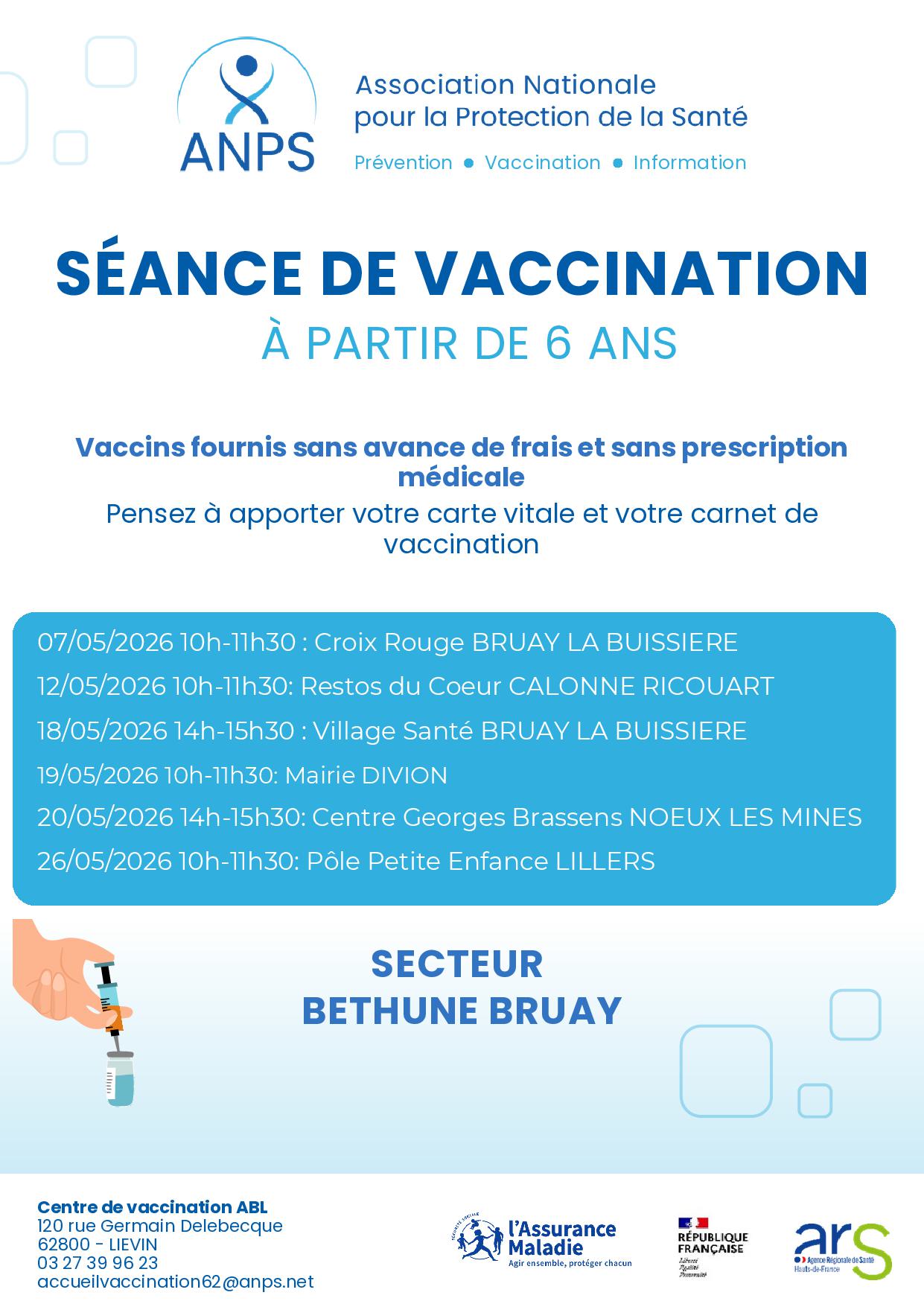 Horaires pour la vaccination gratuite dans le sectueur